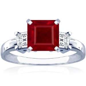  14K White Gold Princess Cut Ruby Three Stone Ring Jewelry