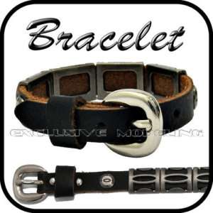 New Genuine Leather Stud WristBand Cuff Black Bracelet  