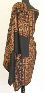 Large, Black, Kashmiri, Wool Shawl. Crewel Embroidery  