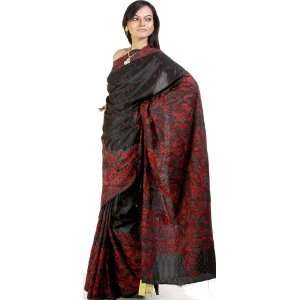  Black Kantha Sari with Hand Embroidery in Red   Pure Silk 