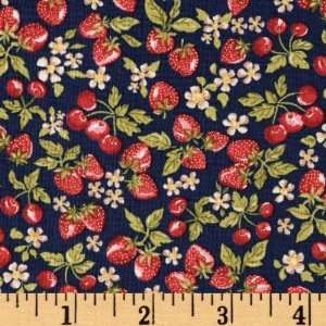  44 Wide Tea Time Strawberries Navy Fabric By The Yard 