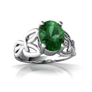  14K White Gold Oval Created Emerald Celtic Knot Ring Size 