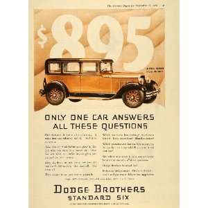  1928 Ad Vintage Dodge Standard Six 4 Door Sedan Car 