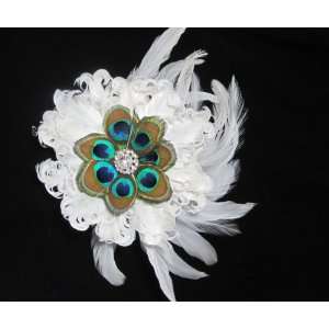   White Feather and Peacock Bridal Wedding Hair Clip 