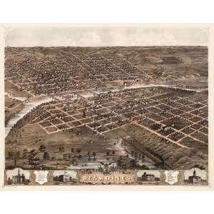 Antique Birds Eye View Map of Des Moines, Iowa (1868) by 