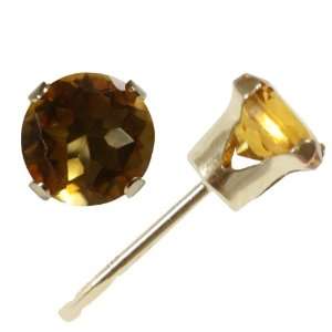  14K Yellow Gold 6mm Round Snap Set Citrine Stud Earrings Jewelry
