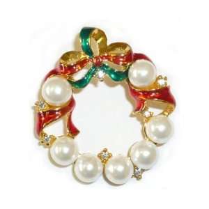  Pearl Wreath with Enamel Bow Pin Jewelry