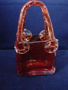   handmade Red Twist Glass Clear Glass Vase Handbag Purse Charity  