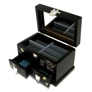   Pearl Inlay Orchid Flower Design Asian Black Wood Jewelry Treasure Box