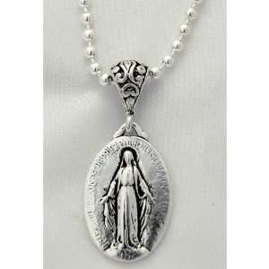  Sterling Silver Miraculous Medal with Beaded 18 inch Chain 
