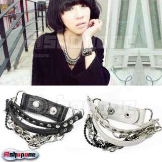Punk Cool Multi tier Leather Stud Chain Bangle Wristband Bracelet 