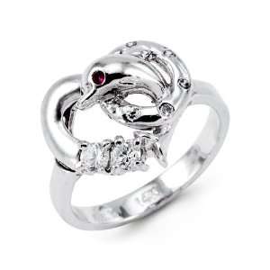    14k White Gold Womens CZ Gemstone Heart Dolphin Ring Jewelry