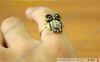 New Retro Style Cute Owl White Crystal Animal Adjustable Ring  