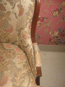 Ethan Allen Country French Damask Floral Carved Wood Trim Wing Back 