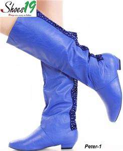   Leather Knee High Flat Heel Cowboy Comfy Boots Shoe Blue Sz 8.5  