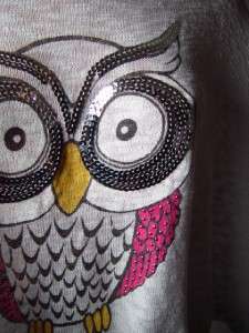 Gray Sequin Embellished Owl Bird Graphic Casual Lounge Oversized Fit 
