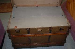 ANTIQUE LARGE RARE HENRY LIKLY CO. FLAT TOP STEAMER TRUNK W/ ORIGINAL 