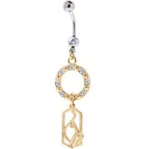  Gold Baby Phat Dangle Cat In Frame Jeweled Belly Ring 