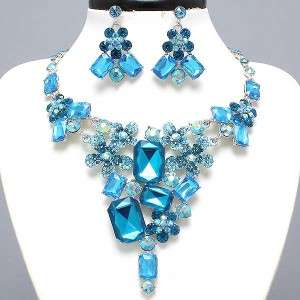 Chunky Western Crystal Statement Jewelry Necklace Aqua  