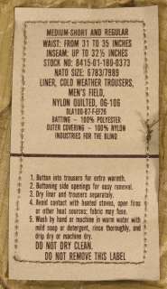 GENUINE US ARMY M 65 M65 PANT LINERS LINER UNISSUED M/R  