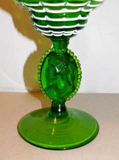 Antique Victorian Nailsea Green & White Swirl Vase With Cameo  