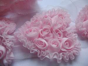 5pcs Shabby Chiffon Rose 4 Heart Appliques Light Pink CH003 1  