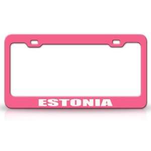 ESTONIA Country Steel Auto License Plate Frame Tag Holder, Pink/White