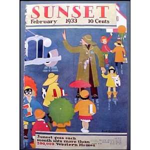 1933 Sunset Magazine Cover Art Deco Crossing Guard, School children 