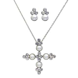 Pearl Pave Crystal Cross Necklace Earring Set Silver  