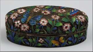 Fine Russian Silver & Enamel Box / Enameled Flowers & Butterflies 