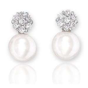  14k White Gold Diamond Fresh Water Pearl Drop Earrings 