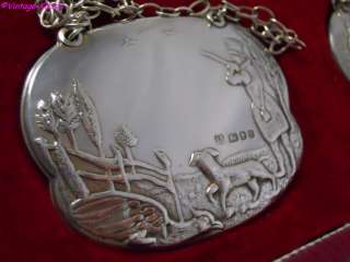 HUNTING SHOOTING FISHING STERLING SILVER DECANTER LABELS CASED  
