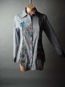 Chambray Indie Western Country Patchwork Plaid Cotton Button Down Top 