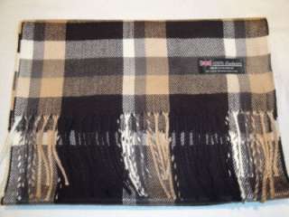 100% Cashmere Black Camel Scotland Wool Plaid Scarf C2  