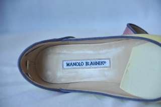 MANOLO BLAHNIK Yellow Linen Canvas / Navy Piping Pointy Flat Shoe 7 37 