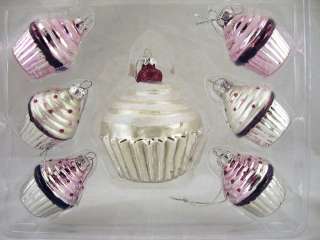 Set of 7 Icing Frosted Cupcakes Glass Christmas Ornaments   NEW   FREE 