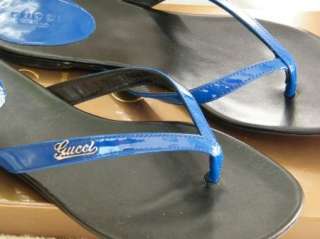 GUCCI SHOES SANDALS BOOTS flats flip flops BLUE patent Vitello Vernice 