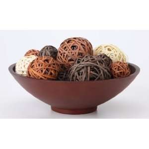  11.9 D Brown Wood Bowl with 36 assorted rattan orb filler 