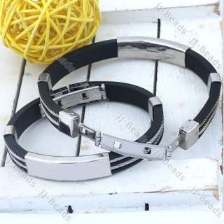 Stainless Steel Black Rubber Mens Boys Wristband Bracelet Bangle 