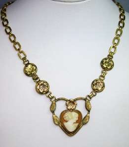 Vintage Gold Filled Heart Pendant Carved Shell Cameo Pendant Necklace 