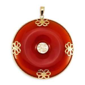    14k Yellow Gold Engraved Asian Round Red Agate Pendant Jewelry