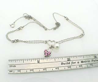 14k White Gold Heart Lock Pearl Charm Pendant Necklace  