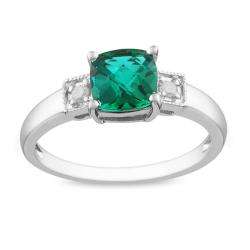 Sterling Silver Created Emerald and Diamond Ring  