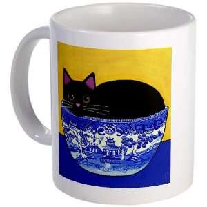 Black CAT In Blue Willow Bowl Pets Mug by   