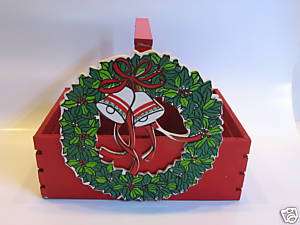 Vintage Wood Christmas Basket Goodies Wreath Bells Red  