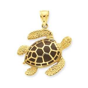  14K 3 D Brown Enameled Sea Turtle Pendant Jewelry