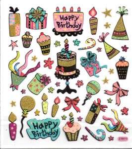 Birthday Presents candles stickers w/ gold glitter  