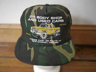 Vintage 80s CAMO Route 211 Body Shop VIRGINIA Trucker Hat Cap One Size 