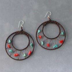 Sterling Silver Red Coral and Turquoise Mesh Hoop Earrings (Thailand 