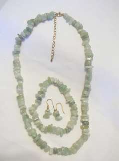   Sterling Silver Genuine Green Jade Chip Necklace Bracelet Earrings SET